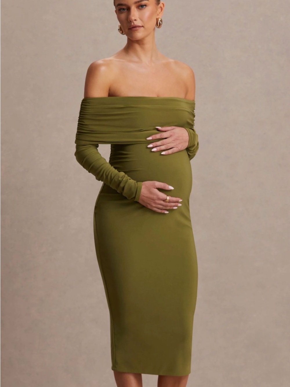 Club L London Elspeth Bardot-Neck Olive Green Maternity Midi Dress